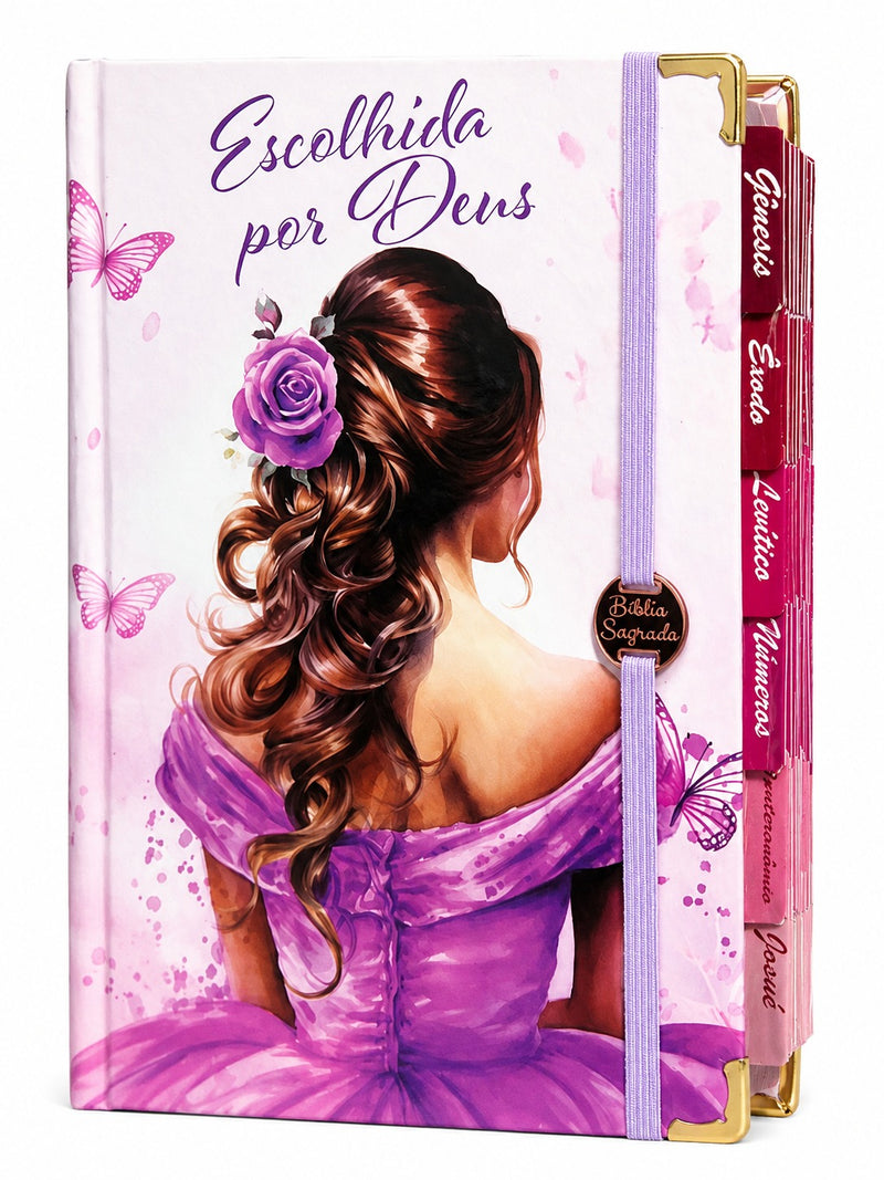Bíblia Capa Dura Com Elástico Rosa E Medalhão Letra Gigante Com Harpa Escolhida Por Deus Abas Já Coladas