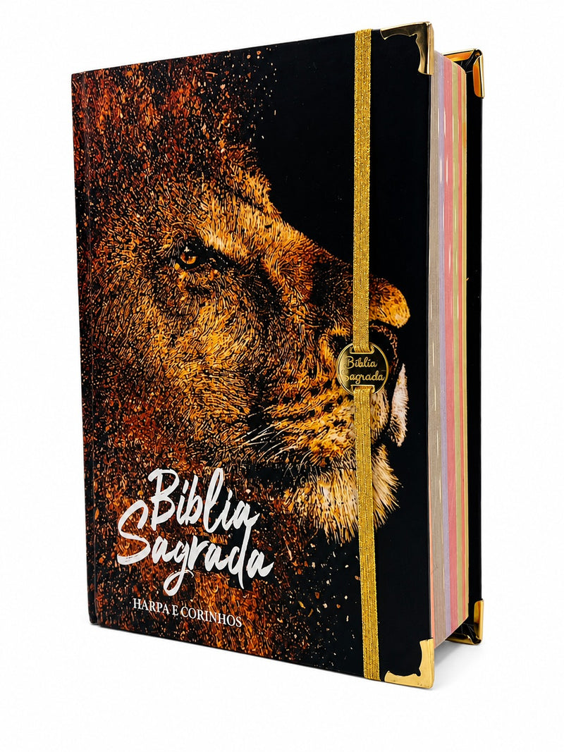 Bíblia Evangélica Com Harpa e Elástico Dourado Capa Dura Letra Hipergigante Leão Levantado Color