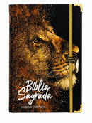 Bíblia Evangélica Com Harpa e Elástico Dourado Capa Dura Letra Hipergigante Leão Levantado Color