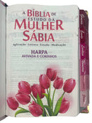 Bíblia Sagrada Mulher Sábia Estudo Capa Luxo Flexível Aqua Arc Letra Hipergigante Com Harpa e Abas Adesivas
