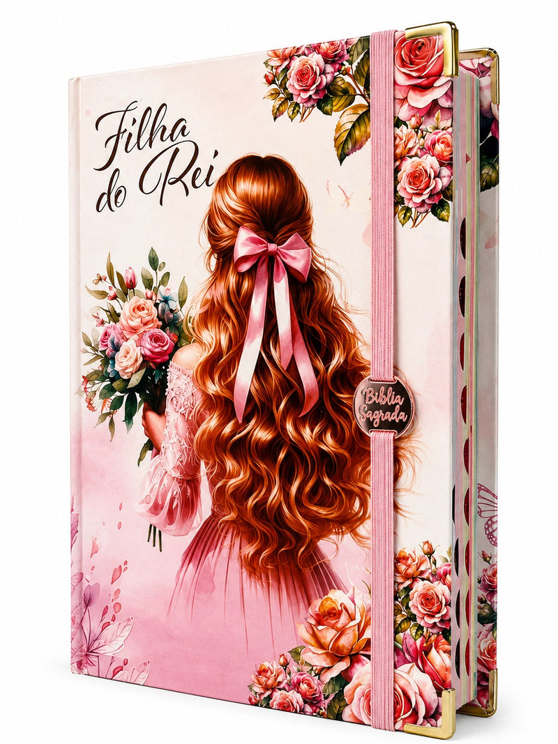 Bíblia Capa Dura Com Elástico Rosa E Medalhão Letra Gigante Com Harpa - Filha Do Rei + Índice