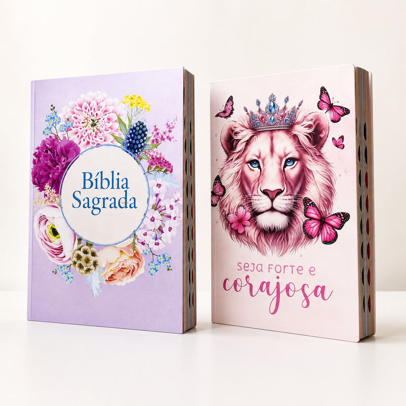 Kit 2 Bíblias Evangélicas NVA Letra Comum Folha PPM Full Color com Índice Floral Lilás e Leão Buquê Fem e Masc