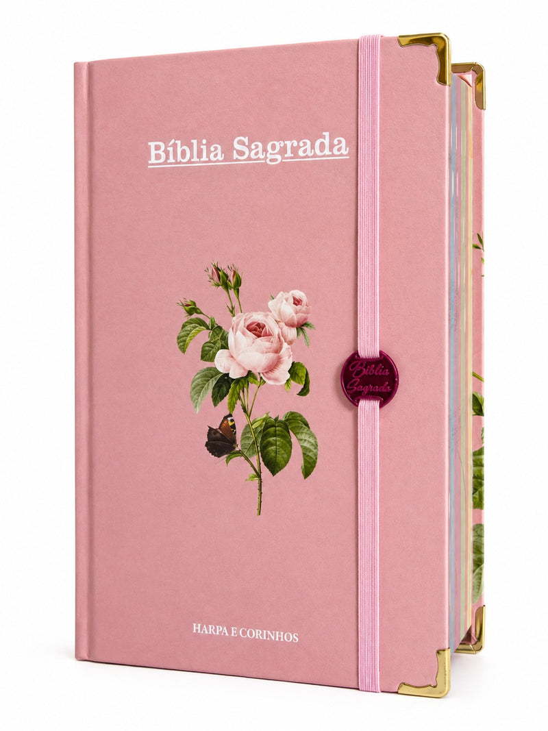 Bíblia Sagrada Letra Hipergigante PPM Capa Dura Flor Rosa Feminina Com Elástico Harpa ARC