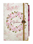 Bíblia Sagrada Letra Hipergigante PPM Capa Dura Círculo Floral Rosa Com Abas Femininas Já Coladas Elástico Harpa ARC