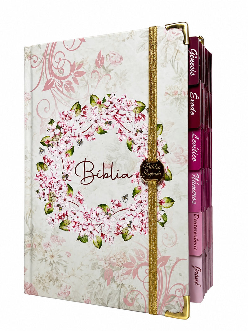 Bíblia Sagrada Letra Hipergigante PPM Capa Dura Círculo Floral Rosa Feminina Com Abas Femininas Elástico Harpa ARC