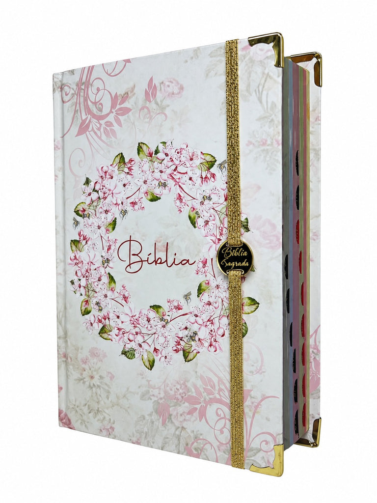 Bíblia Sagrada Letra Hipergigante PPM Capa Dura Círculo Floral Rosa Feminina Com Índice e Elástico Harpa ARC