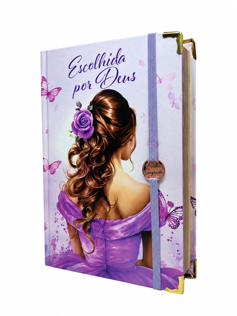 Bíblia Cristã Escolhida por Deus Com Elástico Roxo E Medalhão Capa Dura Letra Gigante Com Harpa ARC