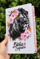Bíblia Leão Flores Rosa Letra Gigante Capa Dura Com Harpa Feminina Arc