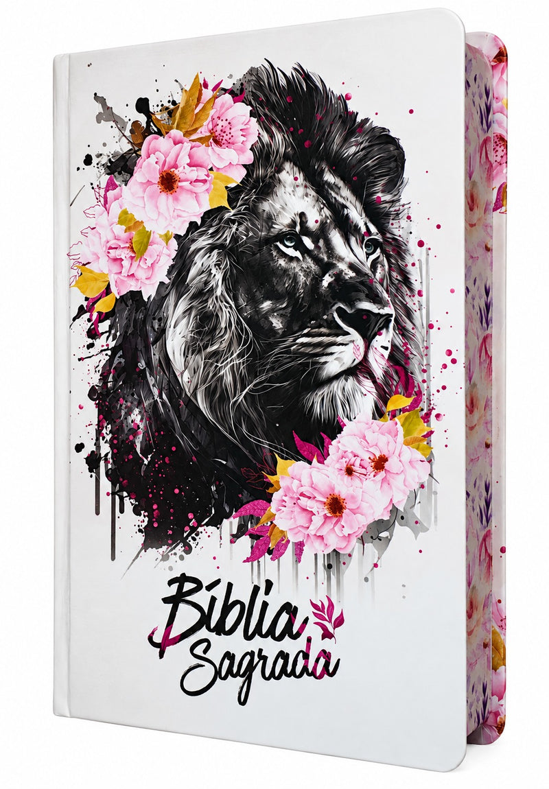 Bíblia Leão Flores Rosa Letra Gigante Capa Dura Com Harpa Feminina Arc