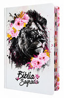 Bíblia Leão Flores Rosa Letra Gigante Capa Dura Com Harpa E Índice Feminina Arc