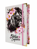 Bíblia Capa Dura Com Elástico Rosa E Medalhão Letra Gigante Com Harpa - Leão Flores Rosa
