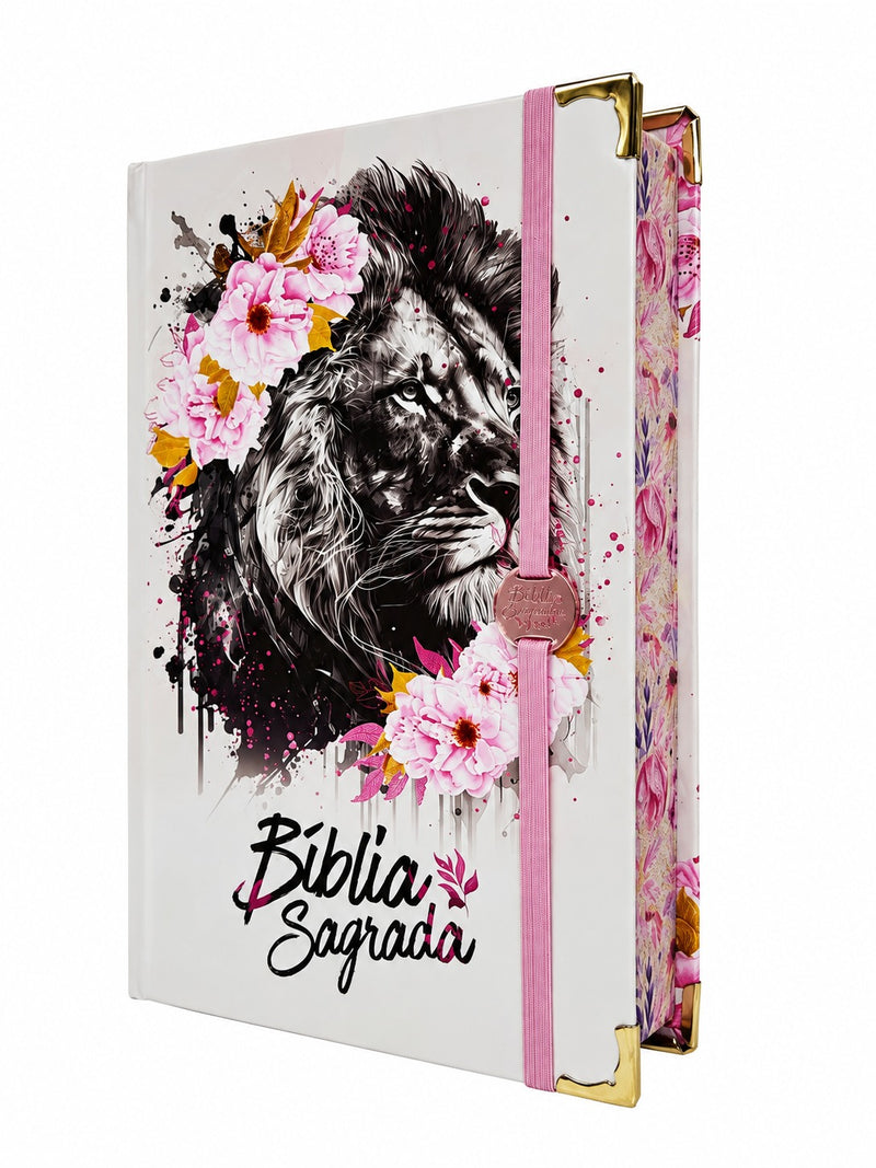 Bíblia Capa Dura Com Elástico Rosa E Medalhão Letra Gigante Com Harpa - Leão Flores Rosa