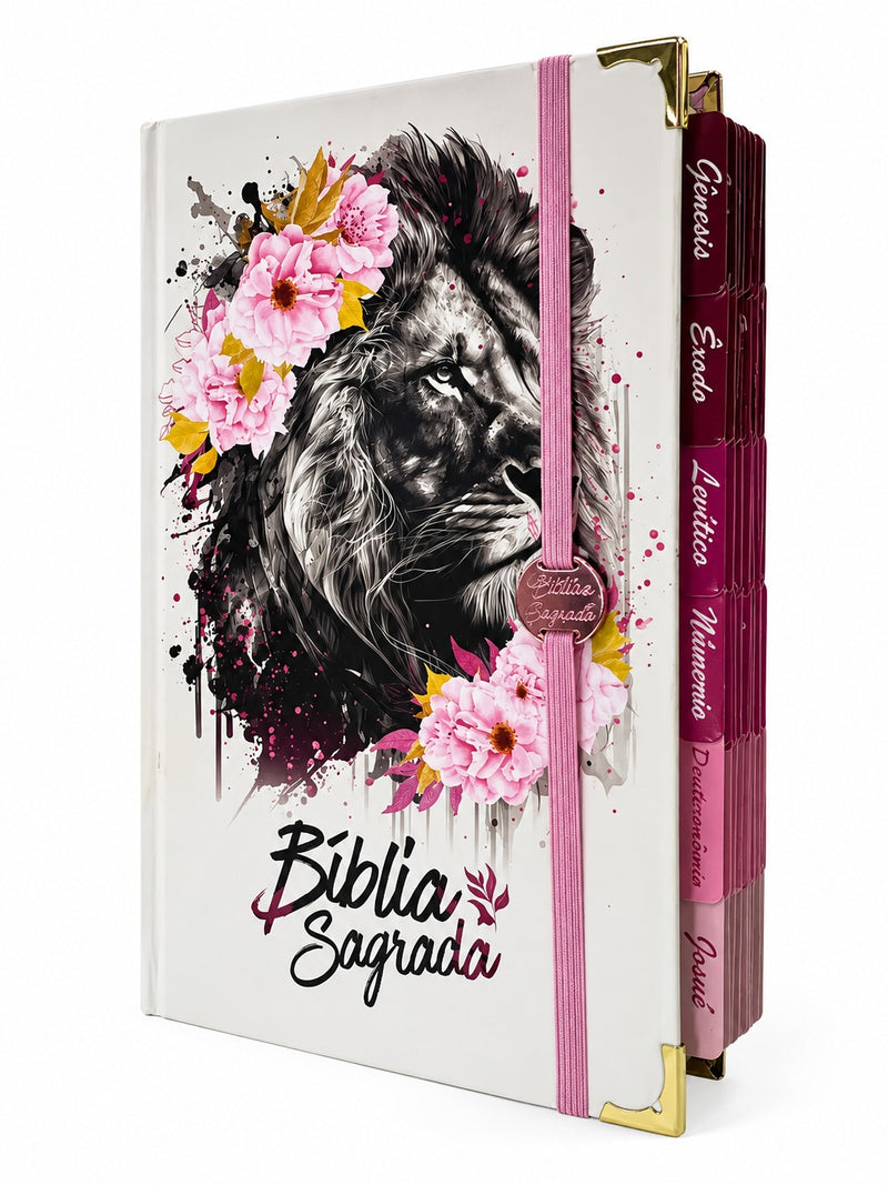 Bíblia Capa Dura Com Elástico Rosa E Medalhão Letra Gigante Com Harpa - Leão Rosa Abas Já Coladas