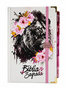Bíblia Capa Dura Com Elástico Rosa E Medalhão Letra Gigante Com Harpa - Leão Rosa Abas Já Coladas
