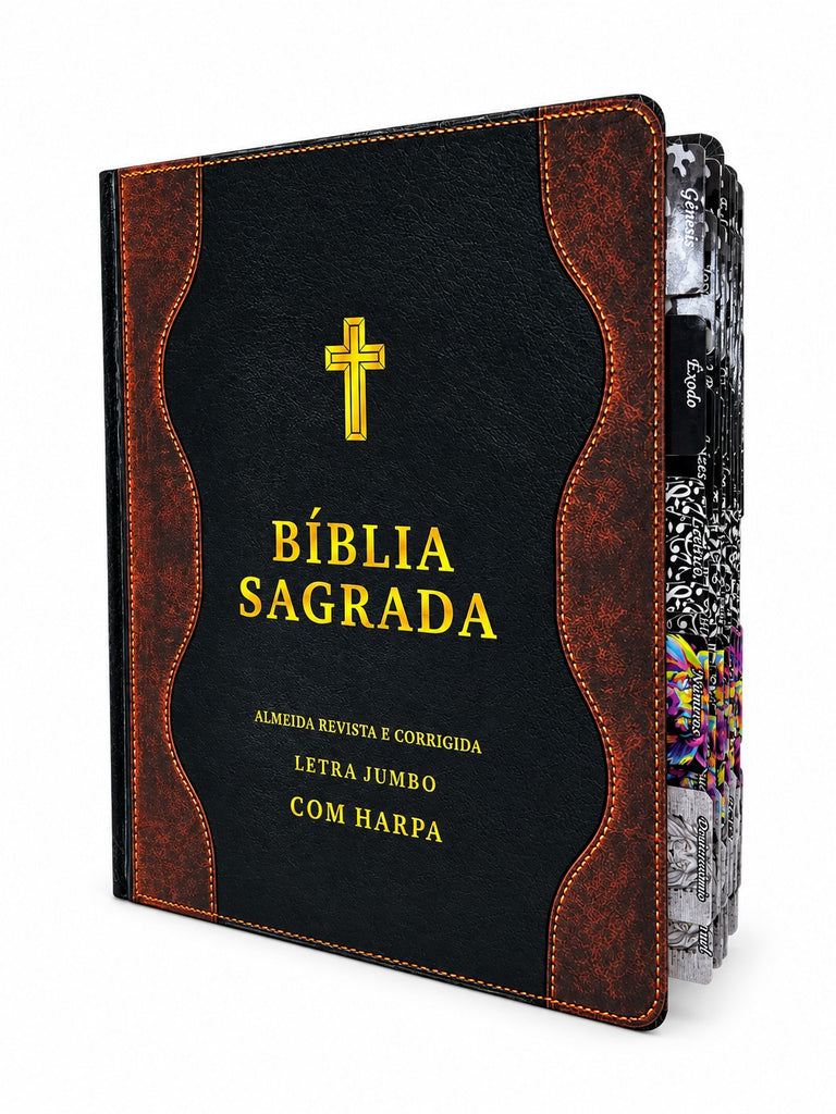 Bíblia Cor Preta e Marrom Letra Jumbo Capa Dura Com Abas Adesivas Harpa  Masculina Arc