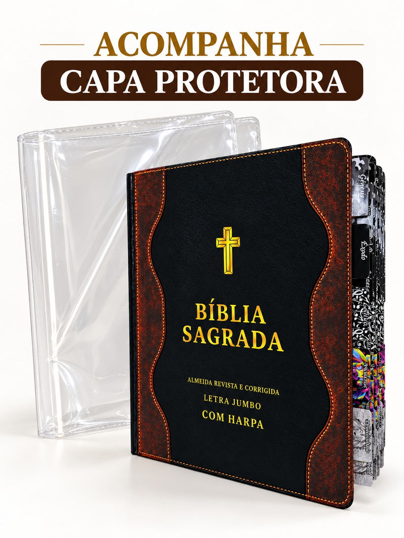 Kit Capa Protetora + Bíblia Cor Preta e Marrom Letra Jumbo Capa Dura Com Abas Coladas Harpa  Masculina Arc