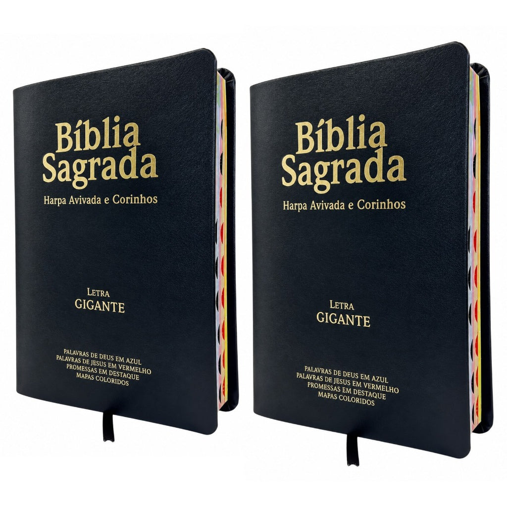 Kit 02 Bíblias Pretas Evangélicas Letra Gigante Capa Semiflexível ARC Com Harpa e Índice Masc e Fem