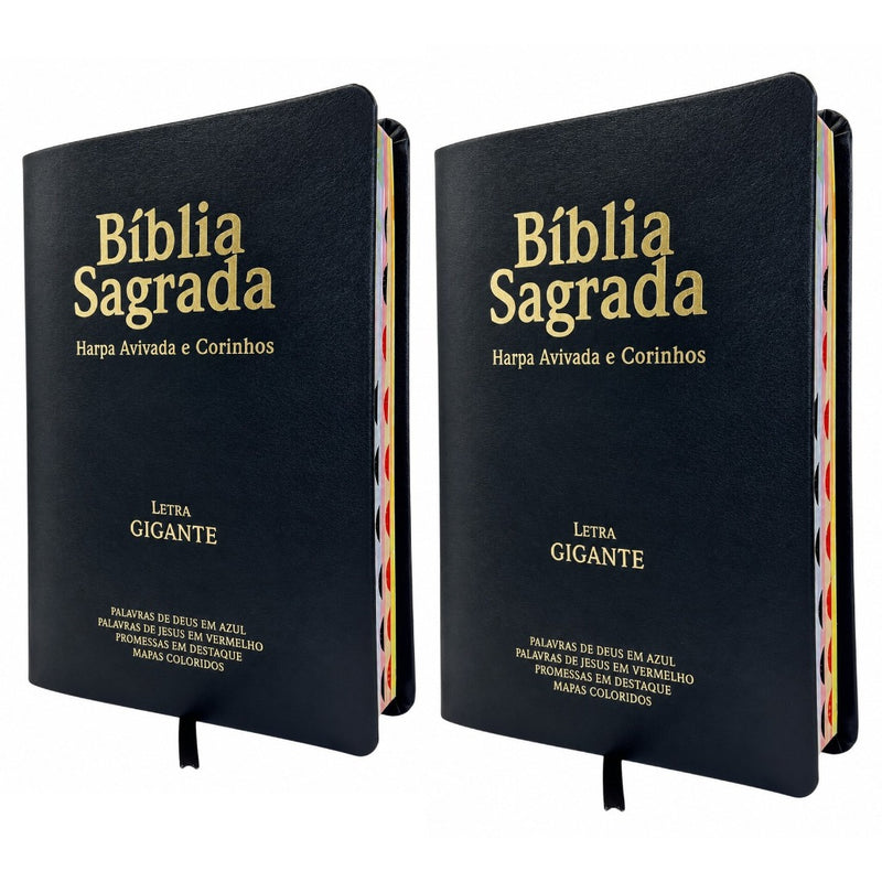 Kit 02 Bíblias Pretas Evangélicas Letra Gigante Capa Semiflexível ARC Com Harpa e Índice Masc e Fem