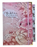 Bíblia Capa Dura Com Elástico Rosa e Medalhão Letra Hipergigante - Jardim Rosa Abas Já Coladas