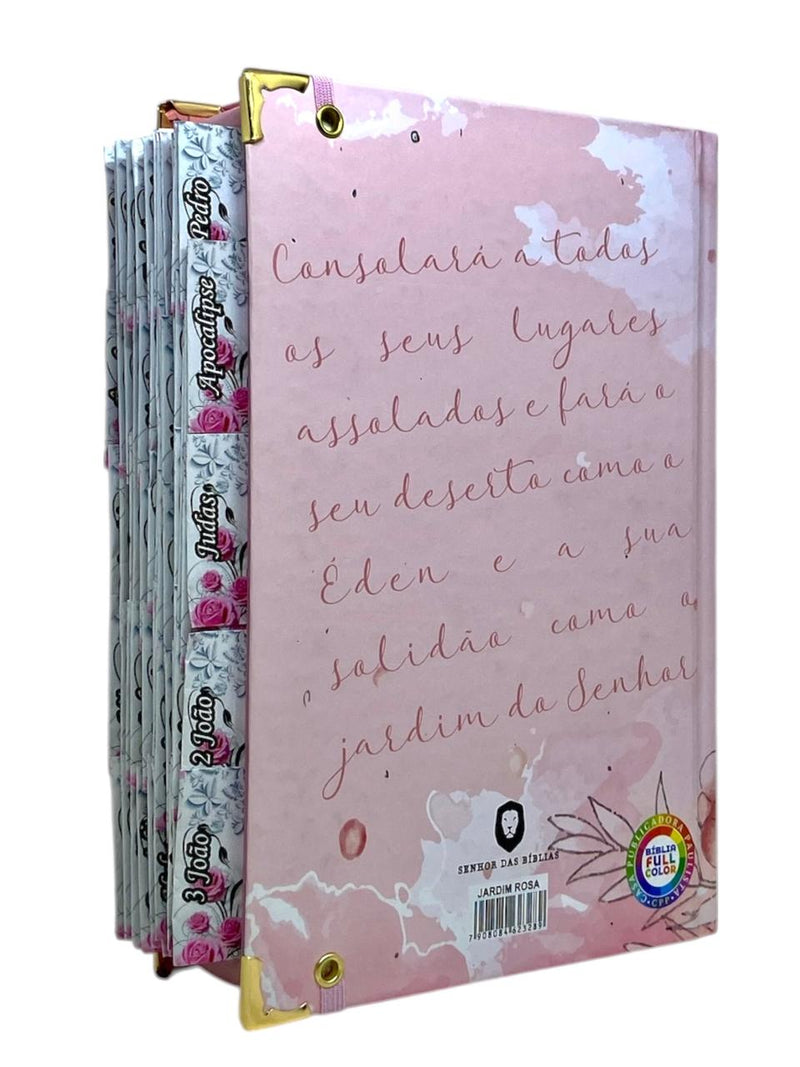 Bíblia Capa Dura Com Elástico Rosa e Medalhão Letra Hipergigante - Jardim Rosa Abas Já Coladas