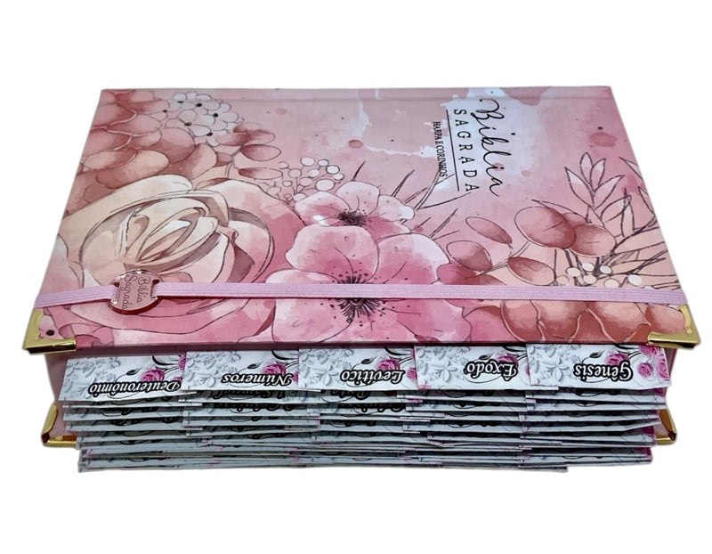 Bíblia Capa Dura Com Elástico Rosa e Medalhão Letra Hipergigante - Jardim Rosa Abas Já Coladas