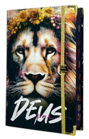 Bíblia Capa Dura Com Elástico Dourado e Medalhão Letra Gigante - Leão Deus Pai + Índice