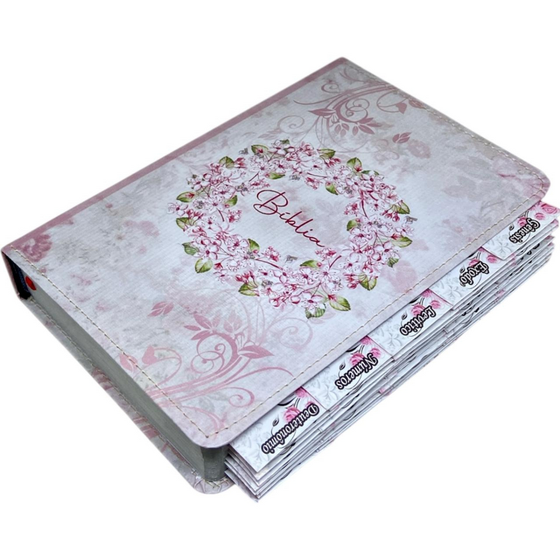 Bíblia Circulo Floral Rosa Letra Gigante Capa Flexível Com Harpa E Abas Coladas Feminina Arc