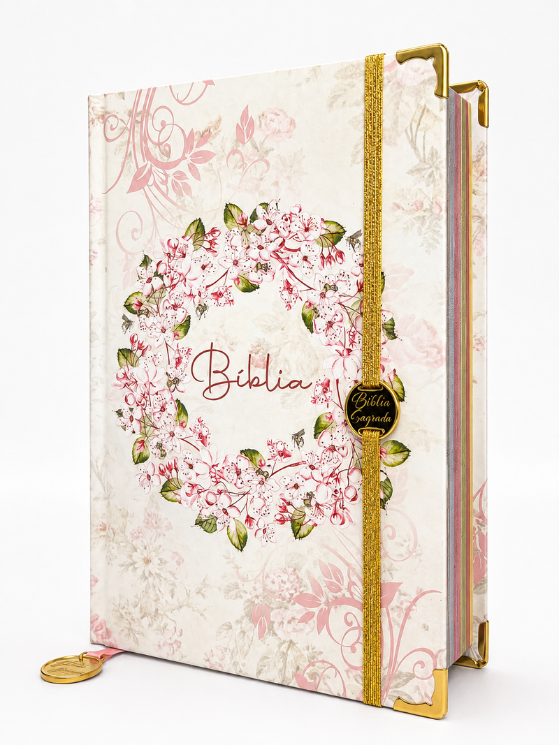 Bíblia Sagrada Letra Hipergigante PPM Capa Dura Círculo Floral Rosa Feminina Com Elástico Harpa ARC