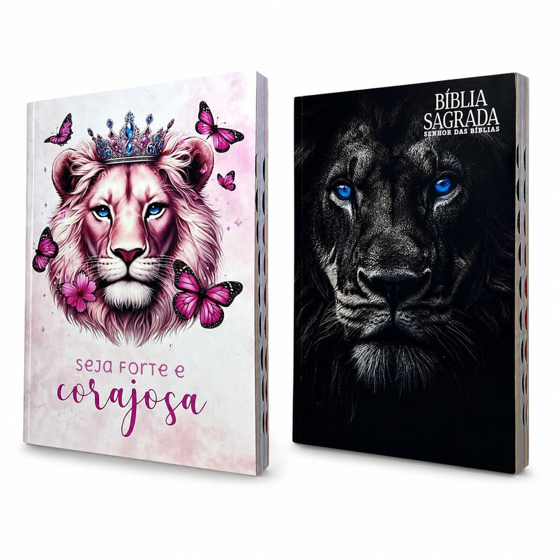 Kit 2 Bíblias Cristã NVA Letra Normal Capa Brochura Full Color Leão Rosa e Leão Preto Com Índice