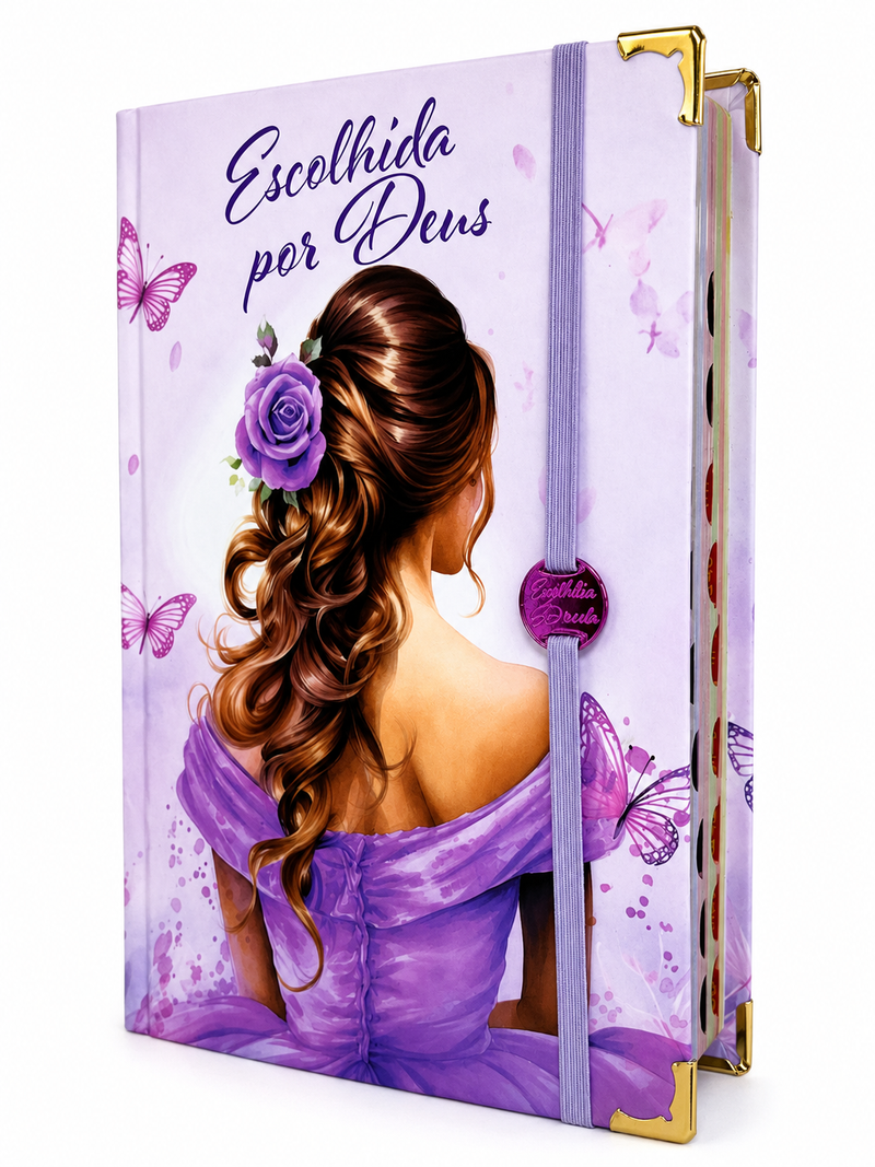 Bíblia Capa Dura Com Elástico Roxo E Medalhão Letra Gigante Com Harpa - Escolhida por Deus E Índice