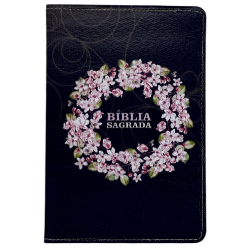 Bíblia Circulo Floral Preta Letra Gigante Capa Flexível Com Harpa e Índice Feminina Arc