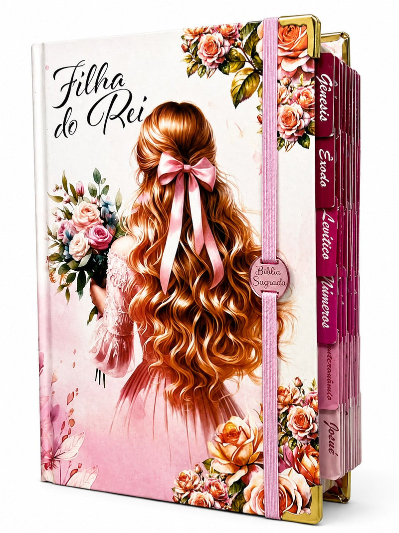 Bíblia Capa Dura Com Elástico Rosa E Medalhão Letra Gigante Com Harpa - Filha Do Rei E Aba Feminina