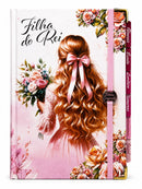 Bíblia Capa Dura Com Elástico Rosa E Medalhão Letra Gigante Com Harpa - Filha Do Rei E Aba Feminina