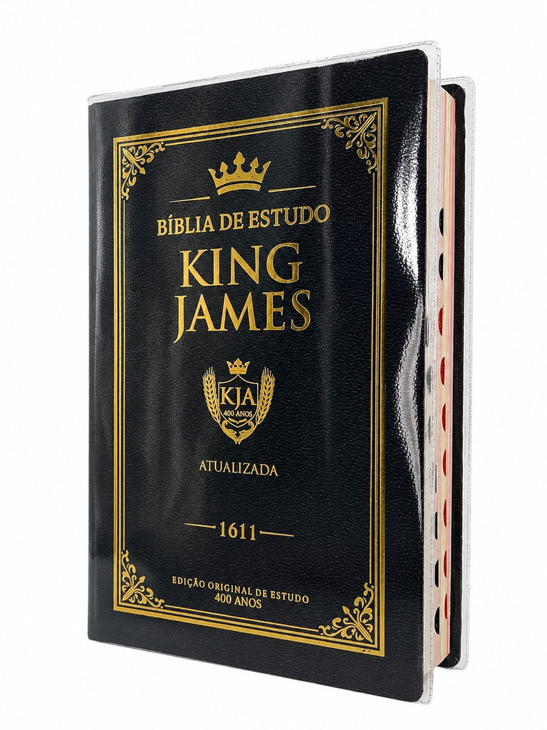 Kit de Capa Protetora & Bíblia de Estudo King James Preta Capa Dura Letra Gigante Color Com Índice