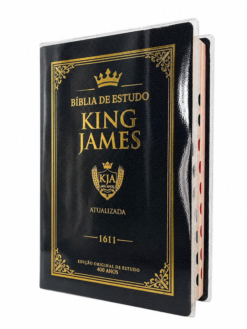 Kit de Capa Protetora & Bíblia de Estudo King James Preta Capa Dura Letra Gigante Color Com Índice
