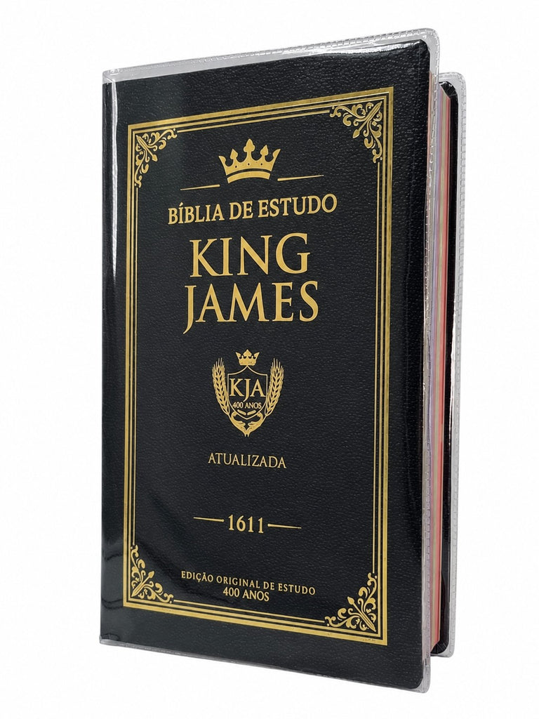 Kit de Capa Protetora & Bíblia de Estudo King James Atualizada Preta Capa Dura Letra Gigante Color
