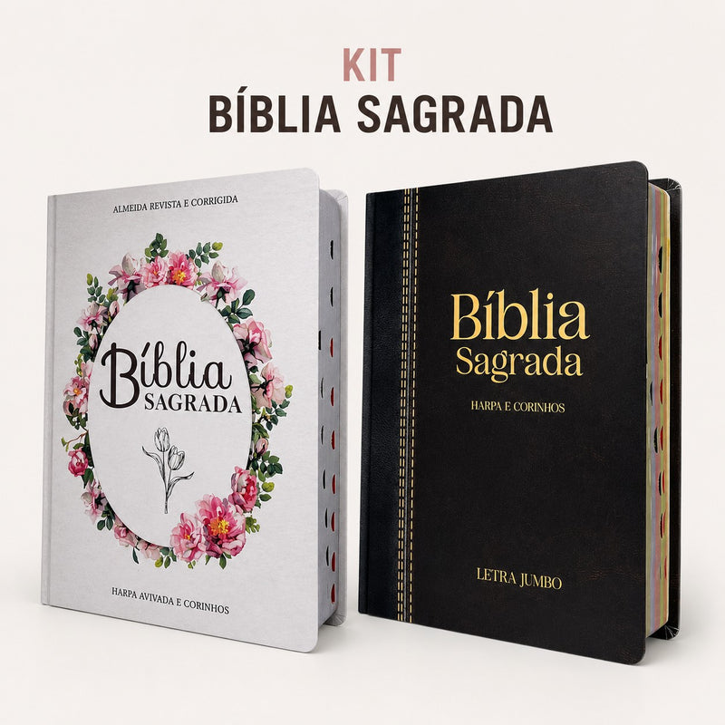 Kit Duas Bíblia Evangélica Lt. Jumbo Grande Capa Dura Branca e Preta Arc Com Harpa e Índice