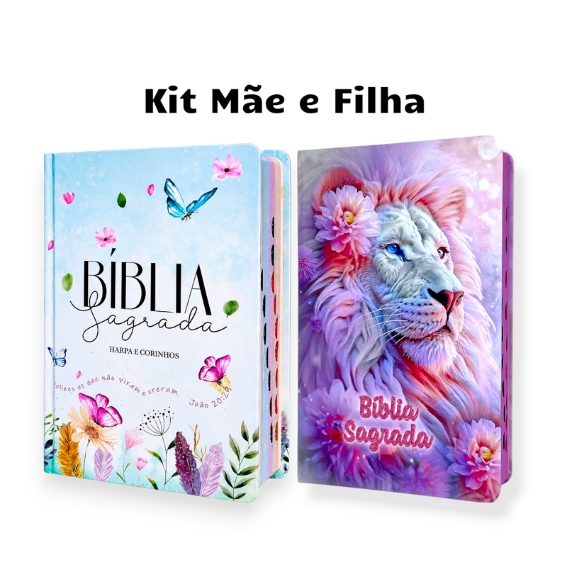 Kit 2 Bíblias Feminina Sagrada Letra Gigante Semi Flexível e Hipergigante Capa Dura Harpa ARC Jardim Secreto e Leão Sustenta