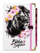 Bíblia Capa Dura Com Elástico Rosa E Medalhão Letra Gigante Com Harpa - Leão Flores Rosa E Aba Feminina