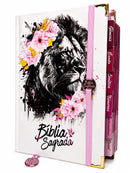 Bíblia Capa Dura Com Elástico Rosa E Medalhão Letra Gigante Com Harpa - Leão Rosa Abas Já Coladas