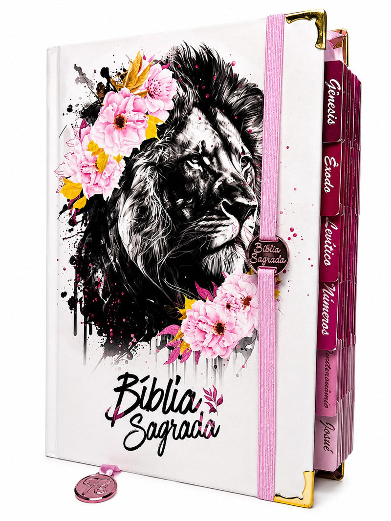 Bíblia Capa Dura Com Elástico Rosa E Medalhão Letra Gigante Com Harpa - Leão Flores Rosa E Aba Feminina
