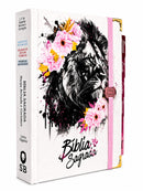 Bíblia Capa Dura Com Elástico Rosa E Medalhão Letra Gigante Com Harpa - Leão Rosa Abas Já Coladas